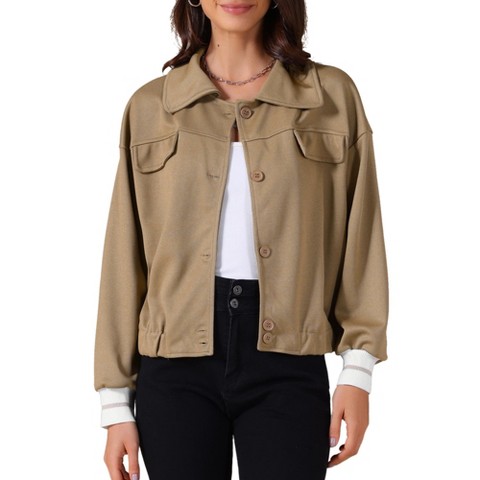 INSPIRE CHIC Women's Cropped Fall Casual Button Down Turndown Collar Long Sleeve Jacket Khaki Small
