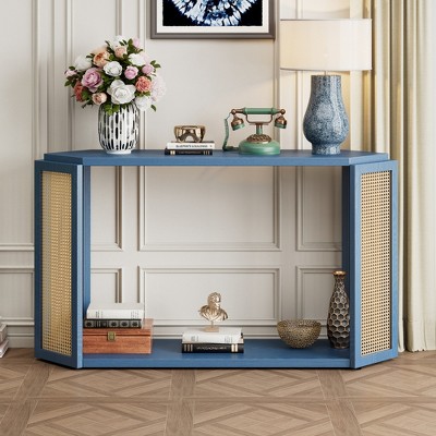 Narrow Console Table with Irregular Arrow-Shaped Top, Open Shelf & Rattan Accents, Entryway and Sofa Table for Hallway, Living Room