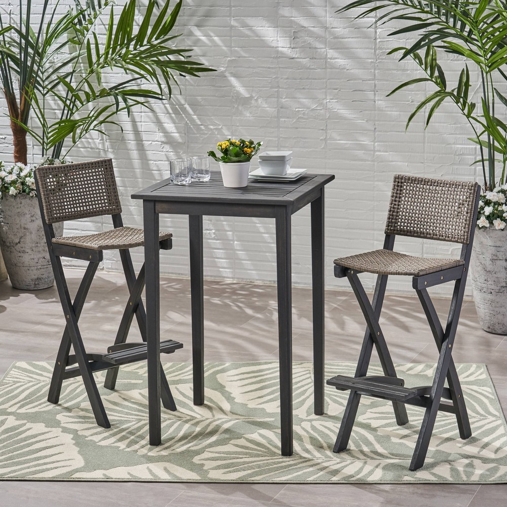 Photos - Garden Furniture Polaris 3pc Wood and Wicker 26" Square Bar Set Dark Gray - Christopher Kni