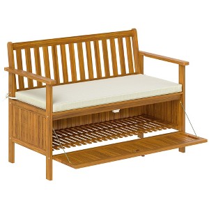 Outsunny Outdoor Bench with Storage Compartment, Acacia Wood Patio Bench with Cushion, 2 Seater Garden Bench for Park Balcony, Teak - 1 of 4