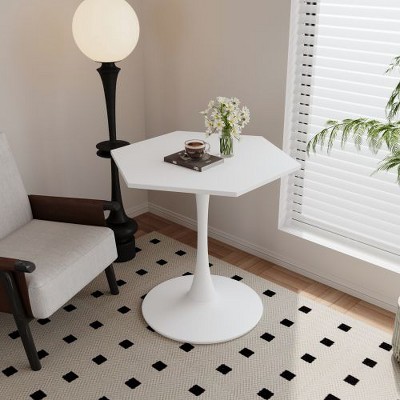 Modern Octagonal Coffee Table with Printed White Marble Table Top, Metal Base, for Dining Room, Kitchen, Living Room, CENGHU Bistro Table
