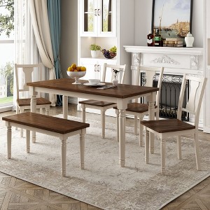 NicBex Dining Room Table Set for 6 Dining Table with MDF Tabletop, 4 Wooden Chairs and 1 Bench for Dining Room, Walnut - 1 of 4