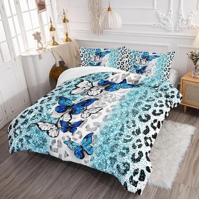Blue Butterfly Comforter Set Queen Size – 3Pcs Leopard Print & Polka Dot Boho Bedding with 1 Comforter & 2 Pillowcases, All Season Quilt Set for Women