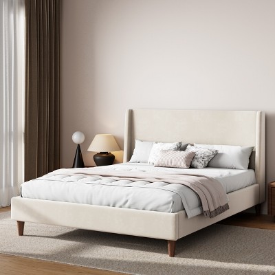 Merax Elegant Modern Cream Velvet Platform Bed with Wingback Headboard & Walnut Wooden Legs