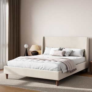 Merax Elegant Modern Cream Velvet Platform Bed with Wingback Headboard & Walnut Wooden Legs - 1 of 4