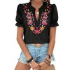 Womens Short Sleeve Embroidered Floral Blouse Puff Sleeves Top Shirts - 2 of 4