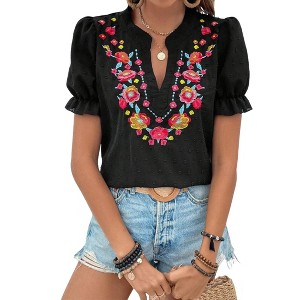 Womens V Neck Shirts Puff Sleeve Embroidered Floral Blouse Tops - 1 of 4