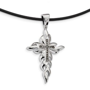 Black Bow Jewelry Two Tone Sterling Silver Flaming Diamond Cross & Rubber Cord Necklace - 1 of 4