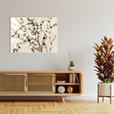 Wild Floral Branches Neutral Canvas Art with White Beaded Frame
