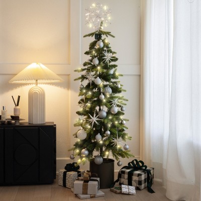 Barton 4.6' Alpine Slim Christmas Tree w/Ornaments & Planter Pre-Lit White LED