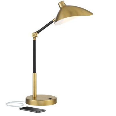 360 Lighting Mid Century Modern Desk Table Lamp LED with USB Charging Port 28" Tall Antique Brass Black Living Room Bedroom House Bedside