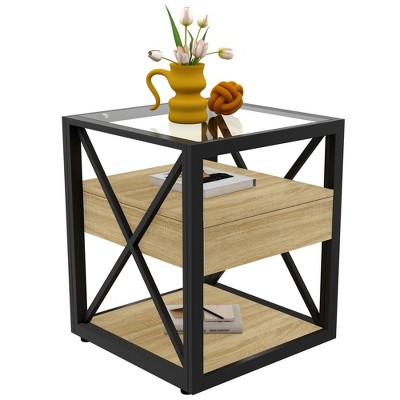 Dolonm Modern Industrial End Table with Drawer - Natural Wood MDF & Tempered Glass Top, Compact Nightstand for Bedroom & Living Room