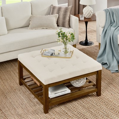 Tufted Linen Upholstery Square Ottoman Coffee Table with Open Storage Shelf,33.5" Multipurpose Footrest for Living Room-Baofuwish