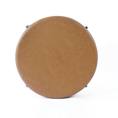 Carmel Faux Leather Round Ottoman with Black Metal Legs