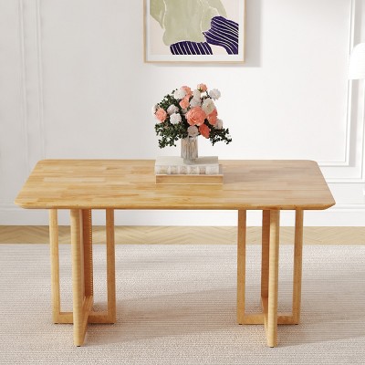 Dining Table Rustic with Faux Rattan Legs and Anti-Slip Feet for Dining Room 59in-3irtyhousy