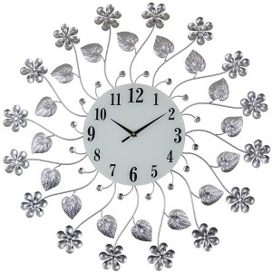 HomeRoots 27" Silver White And Black Metal and Glass Silent Analog Floral Round Wall Clock - 1 of 4