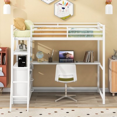 PAGED Full Size Loft Bed Simple Modern Wooden Bed Frame with Desk, Shelves, LED and Guardrail for Bedroom
