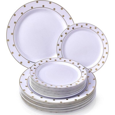Silver Spoons Elegant Disposable Dinnerware Set for Party, Includes 20 Dinner Plates (10.25”) and 20 Dessert Plates (7.5”) – Charming Dots Collection