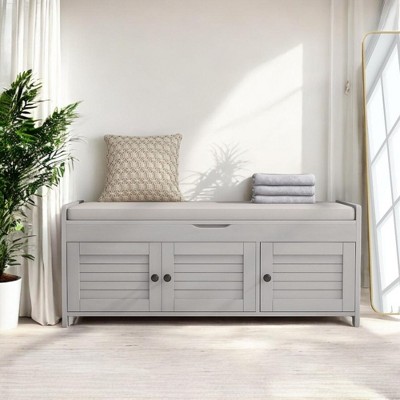 Alilang 43.50 inches Wooden Storage Bench with Cushioned Seat, Louvered Cabinet Doors, and Drawer-Gray Wash
