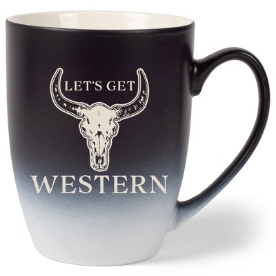 100 North Bull Skull 10 Ounce Black and White Two Toned Ombre, Comfortably Fits Your Hands, Ceramic Tea Coffee Cup Mug, Let's Get Western