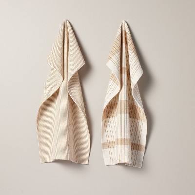 2ct Offset Plaid & Stripe Kitchen Towels Tan/Natural - Hearth & Hand™ with Magnolia