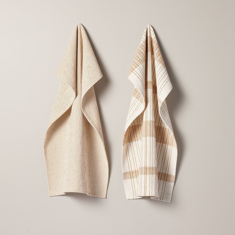 2ct Offset Plaid &#38; Stripe Kitchen Towels Tan/Natural - Hearth &#38; Hand&#8482; with Magnolia, 1 of 8