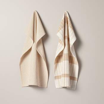 2ct Offset Plaid & Stripe Kitchen Towels Tan/Natural - Hearth & Hand™ with Magnolia