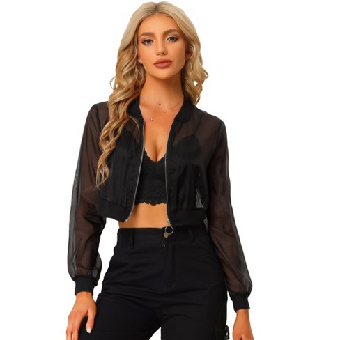 Allegra K Women s Long Sleeve Stand Collar Crop Sheer Mesh Bomber Jacket Black Medium Target