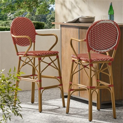 SKRAN Outdoor Wicker and Aluminum 29.5" French Barstools, Set of 2, Navy Blue, Bamboo Print Finish for Garden, Patio, Outdoor