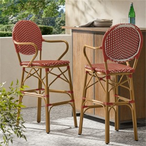 SKRAN Outdoor Wicker and Aluminum 29.5" French Barstools, Set of 2, Navy Blue, Bamboo Print Finish for Garden, Patio, Outdoor - 1 of 4