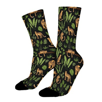 Leopards Tropical Leaves Women Printed Crew Socks Funny Funky Socks Soft Polyester Novelty Gifts for Artists Men