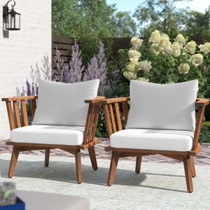 Gulches Set of 2 Acacia Wood Patio Club Chairs - Teak Finish, 400lbs Capacity, Water-Resistant Thick Cushions, Open Slat Design, White - 1 of 4