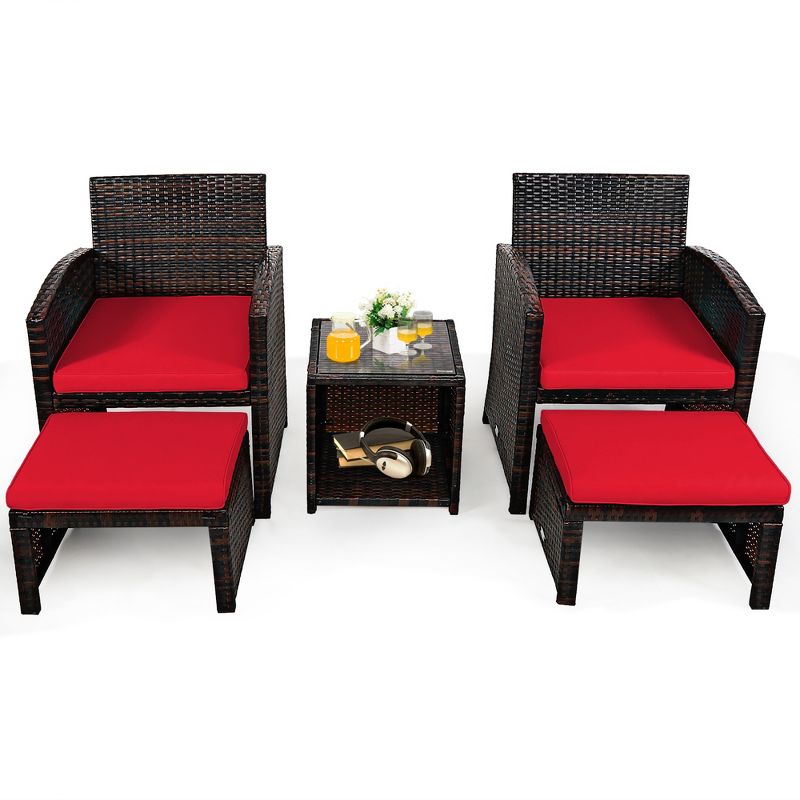 Costway 5PCS Patio Rattan Wicker Furniture Set Sofa Ottoman W/ Cushions Red, 4 of 10