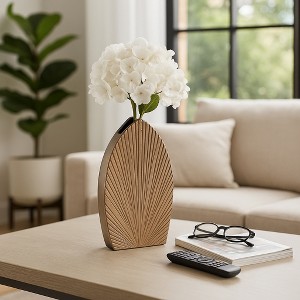 Elegant Ribbed Metal Vase for Living Room Decor - Decorative Flower Vase for Bedroom, Office, and Home Decor - Champagne - 1 of 4