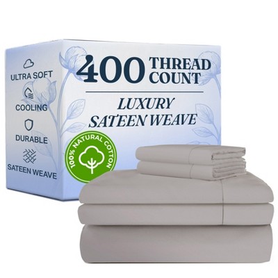 100% Cotton 400 Thread Count 4 Piece Sheet Set - Soft & Cozy Sateen Bed Sheets - CGK Linens