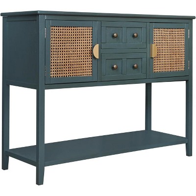 Rattan Accent Console Table with 2 Drawers, Narrow Wood Sofa Table with Cabinet Storage, 2-Tier Entryway Table for Living Room, Hallway, FoyerK