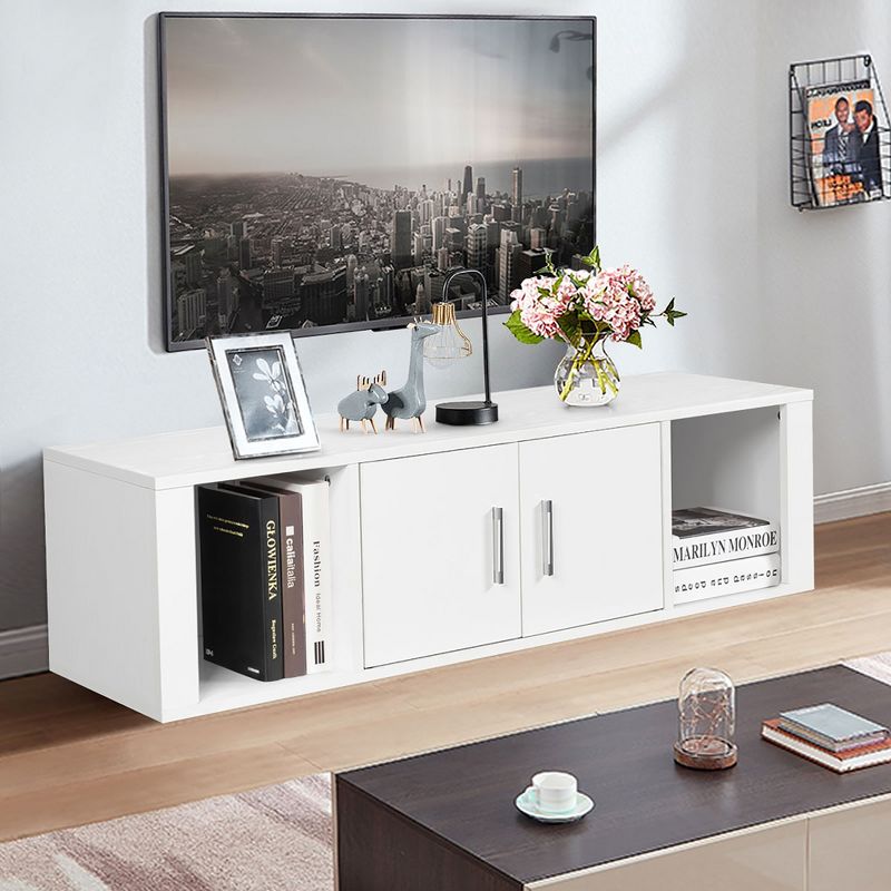 Costway Wall Mounted Floating Media Storage Cabinet Hanging Desk Hutch W/Door White, 4 of 11