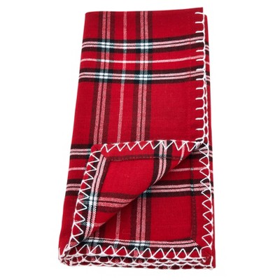 Red Plaid Cotton Dinner Napkins with Whipstitch, Set of 4