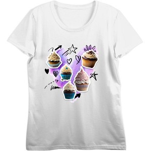Cupcake Stickers With Doodle Hearts Women's Crew Neck Short Sleeve Top - 1 of 3