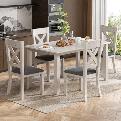 VECELO Farmhouse Style Dining Table Set, Rubber Wood Table with 4/6 Upholstered Dining Chairs, Gray