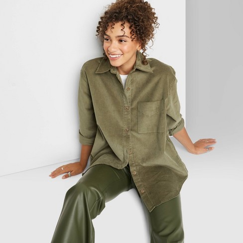 Women's Oversized Button-Down Corduroy Shirt - Wild Fable™ Dark Green XXS