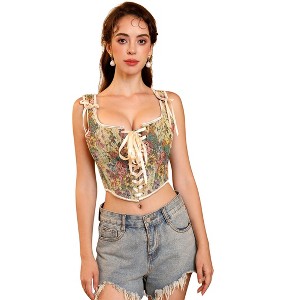 Women's Vintage Floral Corset Lace-Up Fishbone Print Vest Pirate Costume - 1 of 4