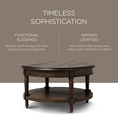 Antiqued Brown Round Wooden Coffee Table with Shelf Storage