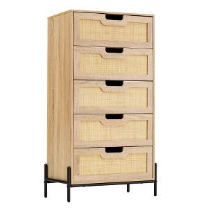Rattan 5 Drawers Dresser, 23.6''Wx15.7''Dx47.2''H Boho Dresser with Metal Handles - 1 of 4