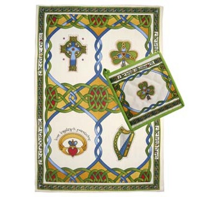 Slickblue Tea Towel & Pot Holder Set with Irish Symbols – Cotton Kitchen Essentials with Shamrock Design