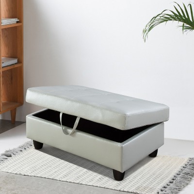 Silver Green Faux Leather Storage Ottoman with Solid Wood Frame