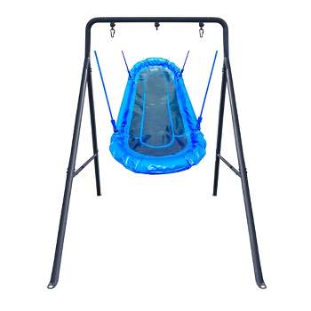 gobaplay Single Support Bar Wide Frame and Round Platform Outdoor Swing Attachment Backyard Playground Set with Adjustable Ropes