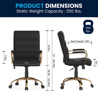 Mid-Back Black LeatherSoft Executive Swivel Office Chair with Gold Frame