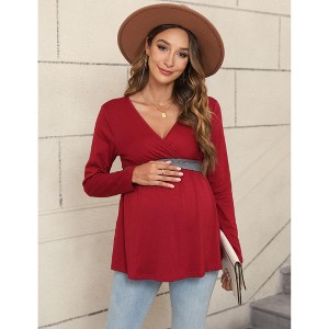 Women's Maternity Tops V-Neck Contrast Color Casual Shirts Nursing Tops Long Sleeve Pleated Hem Breastfeeding Pregnancy Clothes - 1 of 4