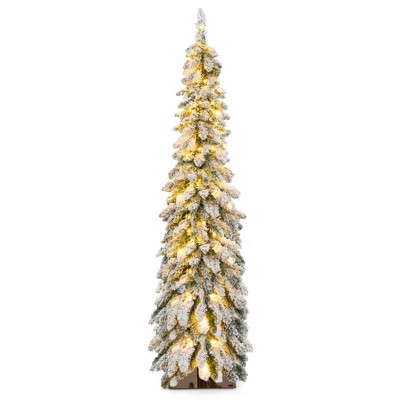 Tangkula 4/5/6FT Pre-lit Artificial Christmas Tree Snow-flocked Xmas Pencil Tree with 225/334/407 Branch Tips 100/150/250 LED Lights 2 Lighting Colors